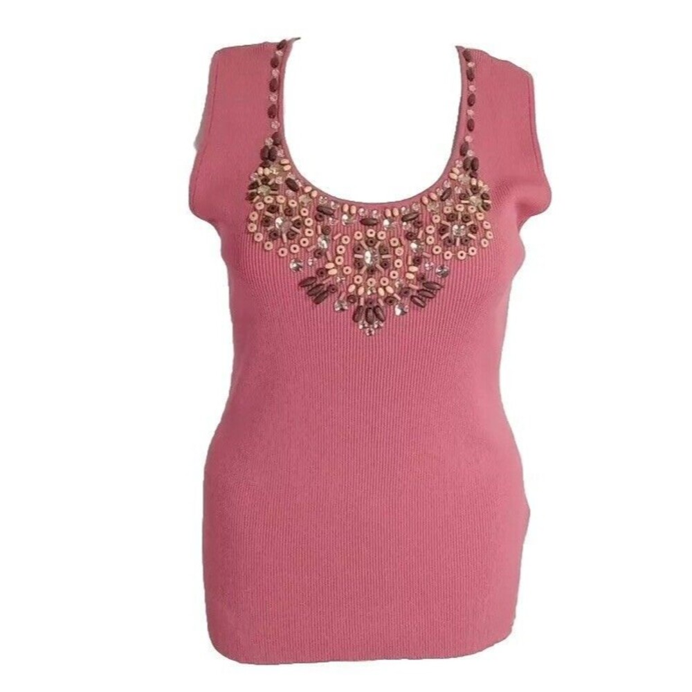 Ruby‎ Rd Top 1X Salmon Pink Bead Embellish Ribbed Shell Stretch Base Beautiful